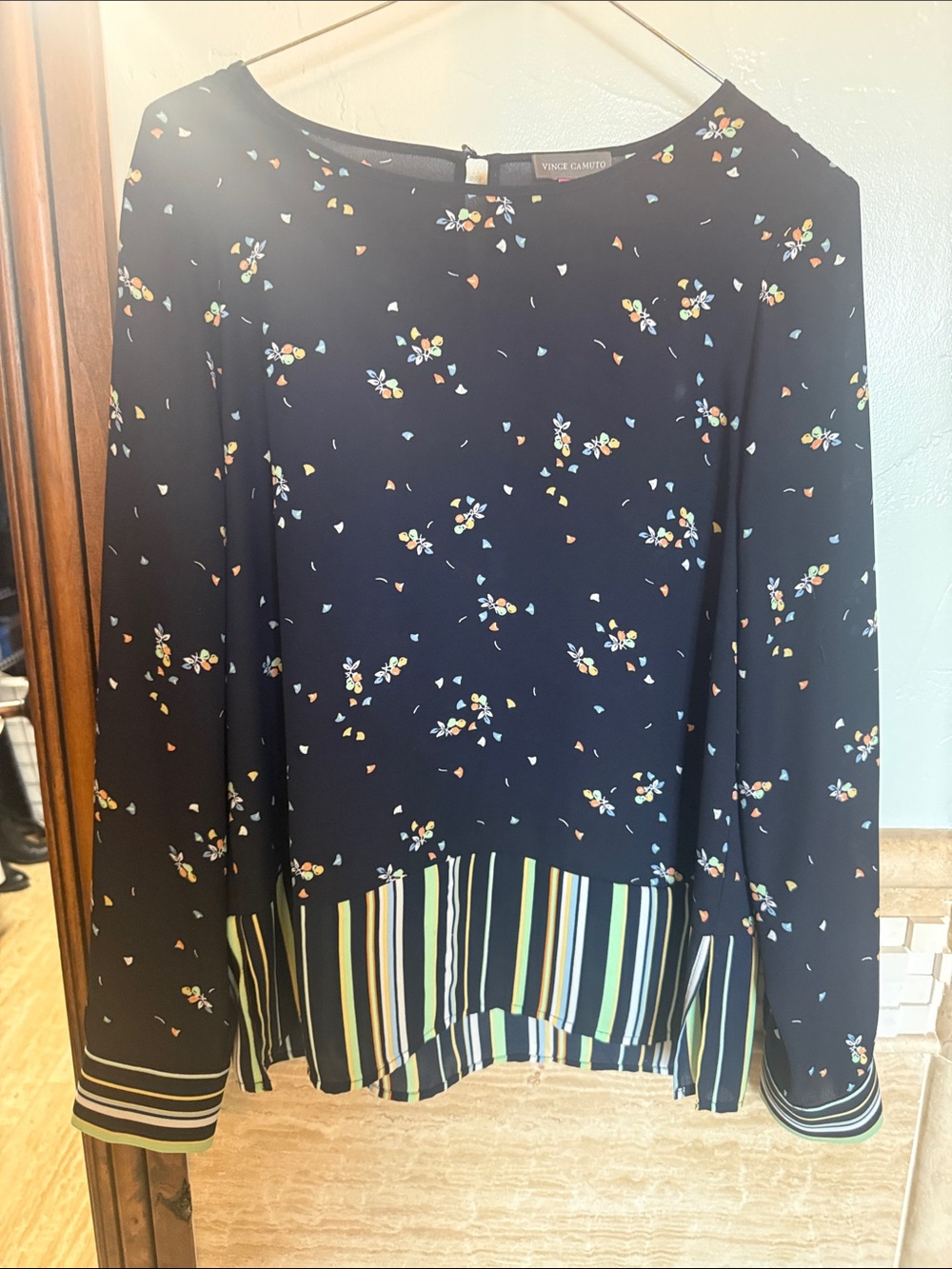 Vince Camuto Navy Floral Blouse with Striped Hem
